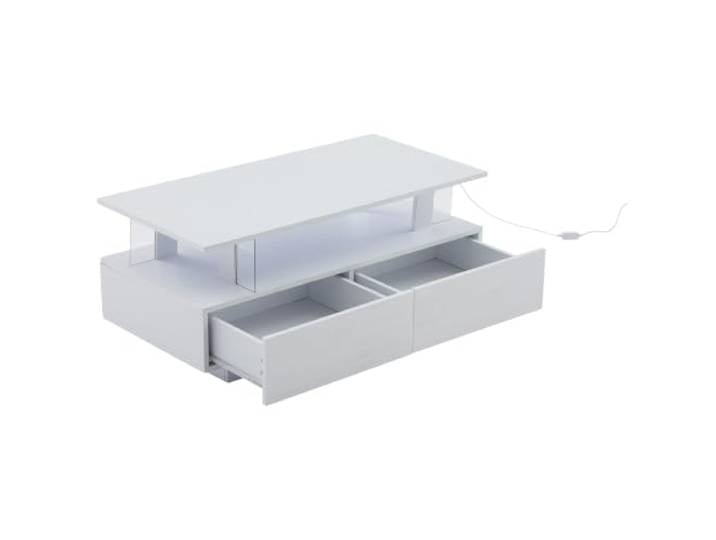 Weißer LED-Couchtisch mit Aufbewahrung, rechteckig Spanplatte mit Acrylkern, 100x50x42 cm, App/RF-Steuerung, >60k Farben, 30 kg Tragkraft, 2 Schubladen, offenes Regal