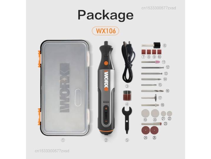 Outil rotatif Worx Mini 4V/8V, chargeur USB WX106/WX750, outil sans fil miniature pour gravure, meulage, polissage, vitesse variable + accessoires