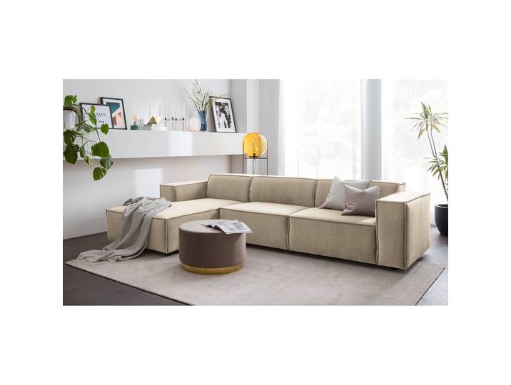 Ecksofa mit Longchair Beige/Beige Samt Shyla 294cm Longchair davorstehend links Keine Funktion Glamour