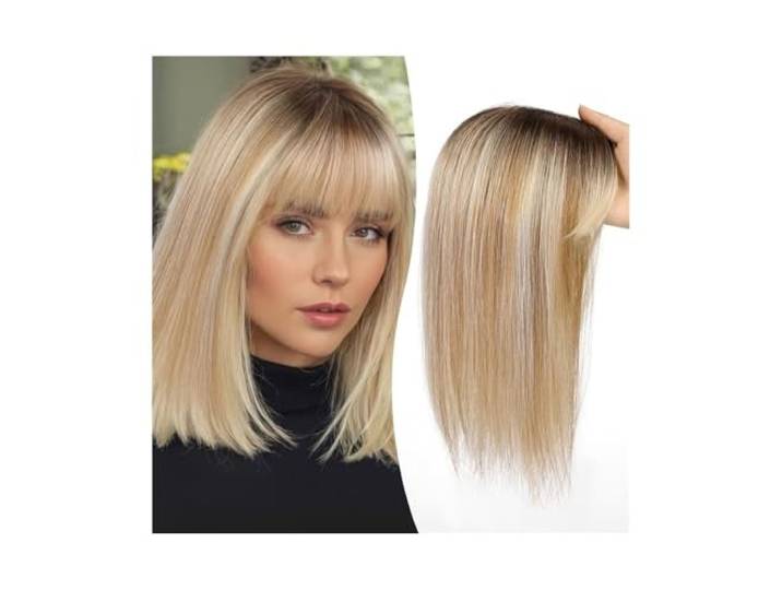Haartopper für Frauen 12-Zoll-Topper aus Echthaar mit Pony, 10 × 12 cm, Topper mit Spitzenbasis, Haarteile, gerader Clip-in-Topper aus Echthaar for Frauen mit dünner werdendem Haar/Haarausfall Haartei