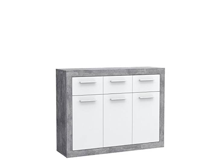Forte BACCIO Kommode 120, Kommode mit 3 Türen und 3 Schubladen, Holzwerkstoff, Betonoptik Lichtgrau Holzdekor / Weiß, 117,9 cm breit x 91,5 cm hoch x 34 cm tief