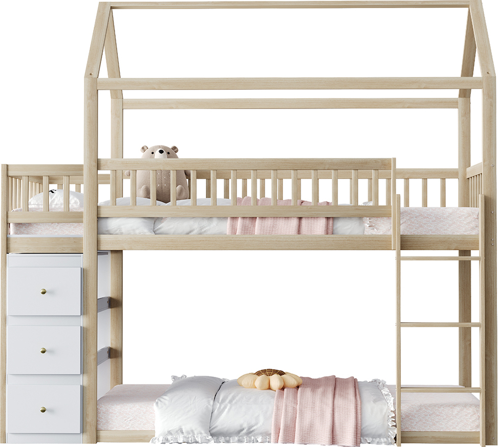 Etagenbett Mit Aufbewahrungskommode und Regalen Leiter Kinderbett Hausbett Jugendbett 90 * 200 cm Holzfarbe