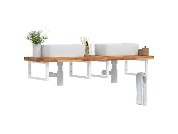 KTHLBRH Waschbeckenregal Wandmontage aus Stahl und Akazienholz für Bad Schweberegal, rechteckige Halterungen, nicht vorbohrte Holzplatte, moderne Optik, flexible Positionierung
