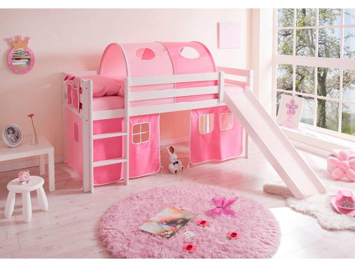 Hochbett TICAA Manuel , rosa (kiefer massiv weiß, rosa, pink), B:217cm H:114cm L:205cm, Hochbetten, Hochbett, mit Rollrost in verschied. Ausführungen wahlweise mit Matratze, weiss