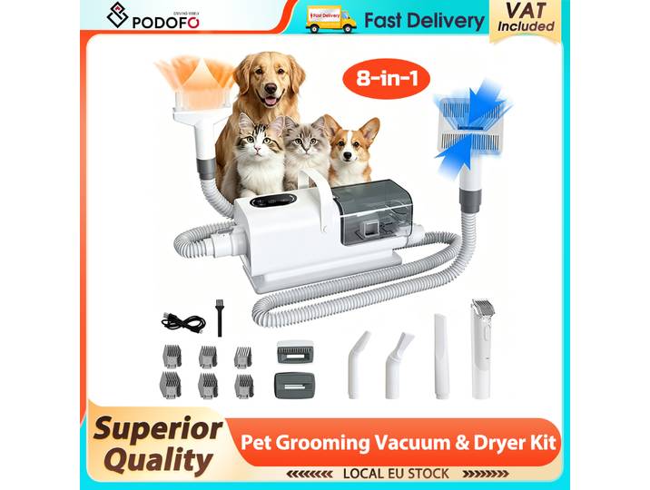 Podofo Sèche-cheveux pour animaux de compagnie, kit de toilettage et aspirateur 8-en-1, aspirateur à poils de chien, réservoir de poussière 2,2 L, faible bruit, kit de toilettage pour chats et chiens,
