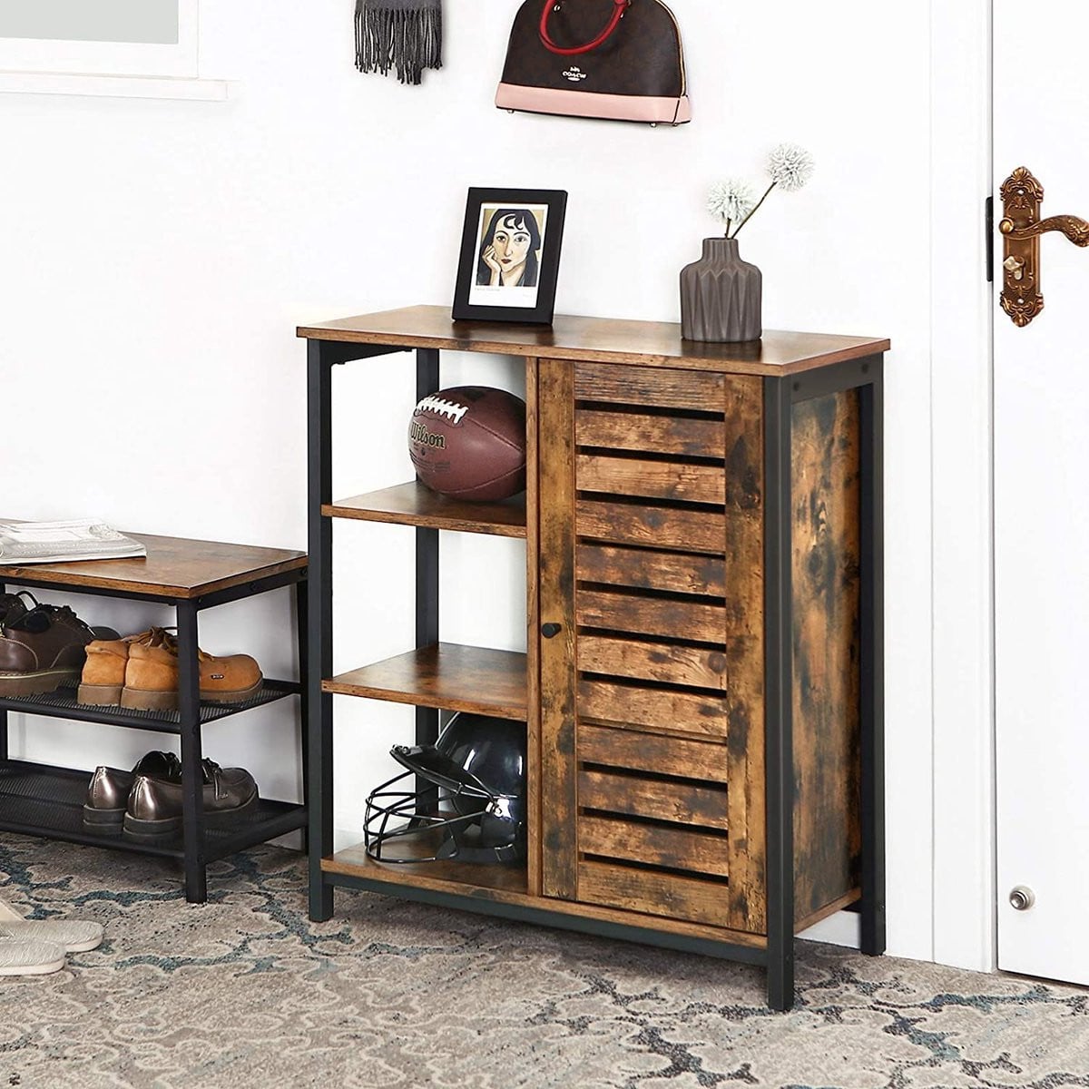 MAZAZU Dressoir Industrieel Bruin met Deur en Open Vakken B/D/H: 70 x 30 x 76 cm