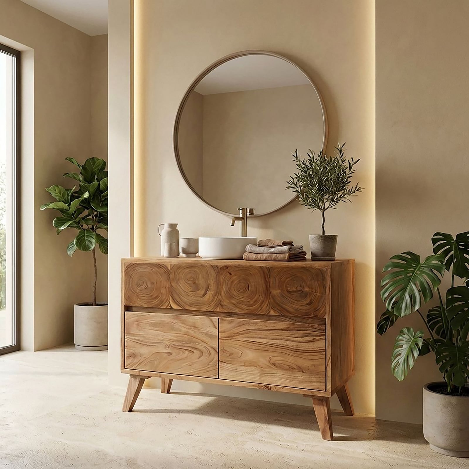 home24 Wastafelonderkast Roots met 2 deuren, bruin, B: 80 cm, D: 60 cm, H: 32 cm