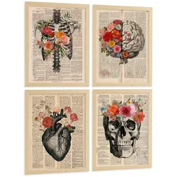 POSTER Set aus 4 Vintage Anatomie Drucke und Wandbilder mit Herz Schädel Skelett und Gehirn Collage Stil Wanddekoration Größe Rahmenlos A3