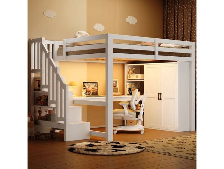Lit mezzanine 140x200 blanc avec bureau armoire et rangement