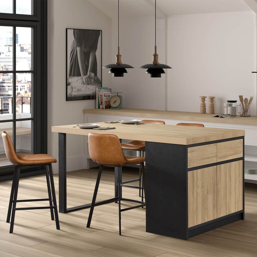 Altobuy Ilôt de cuisine plateau 170cm avec rangement aspect bois pieds métal Marron 170x92x100cm
