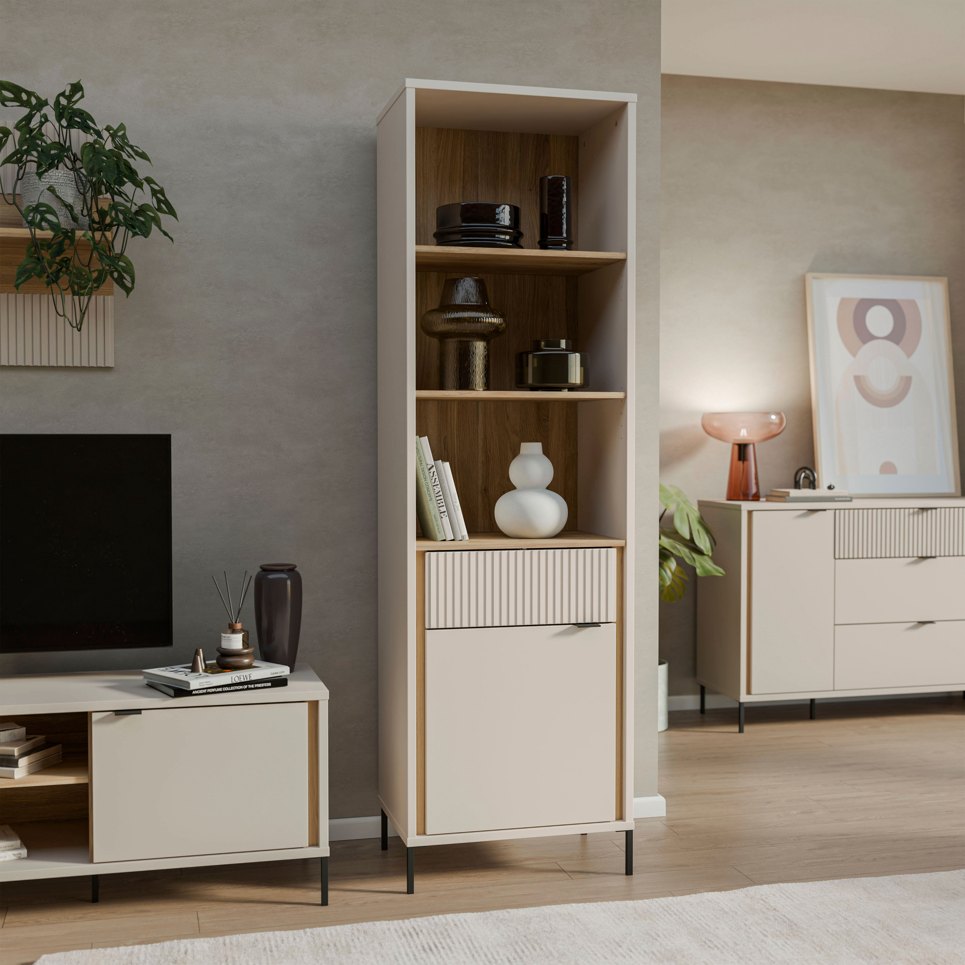 Vitrine FORTE "Forte Seravel Vitrine, 2-türig, 1 Schublade, Lamellen", beige (mauvella eiche, kaschmir beige), B:59,4cm H:199,2cm T:41,5cm, FSC-zertifizierter Holzwerkstoff, Schränke, Vitrine, B/H/T 59,4/199,2/41,5 cm, Stauraum, optionale Beleuchtung mauv