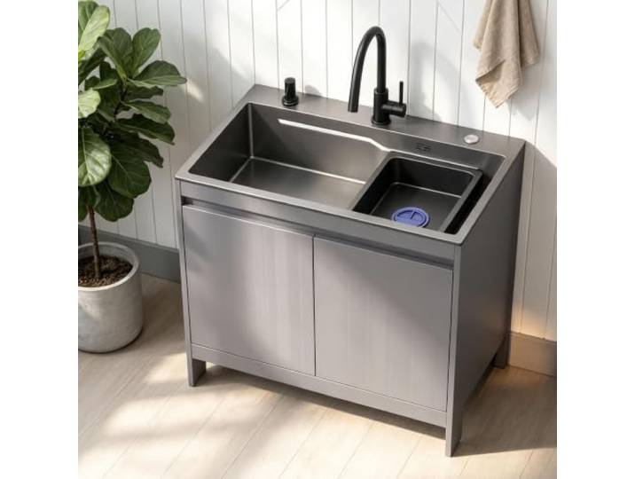 Spülenschrank mit Spüle und Armatur, Grau Küchenschrank mit Waschbecken, 304 Edelstahl, Aluminium, Wasserhahn, für Küche und Waschküche(L:68cm)