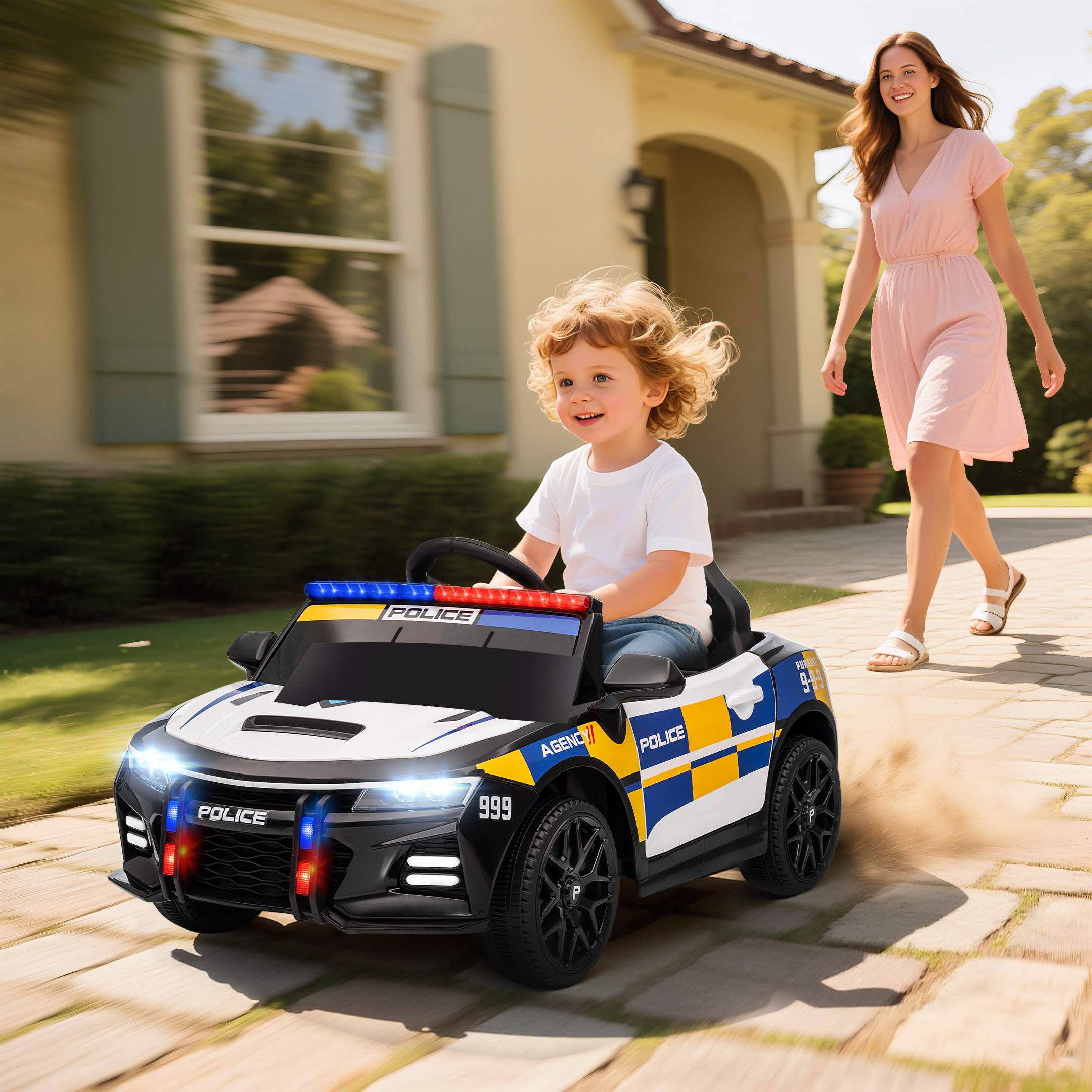 Aiyaplay Macchina Elettrica per Bambini della Polizia con Telecomando, Clacson e Musica Integrata, 96x60x45 cm   Aosom Italy