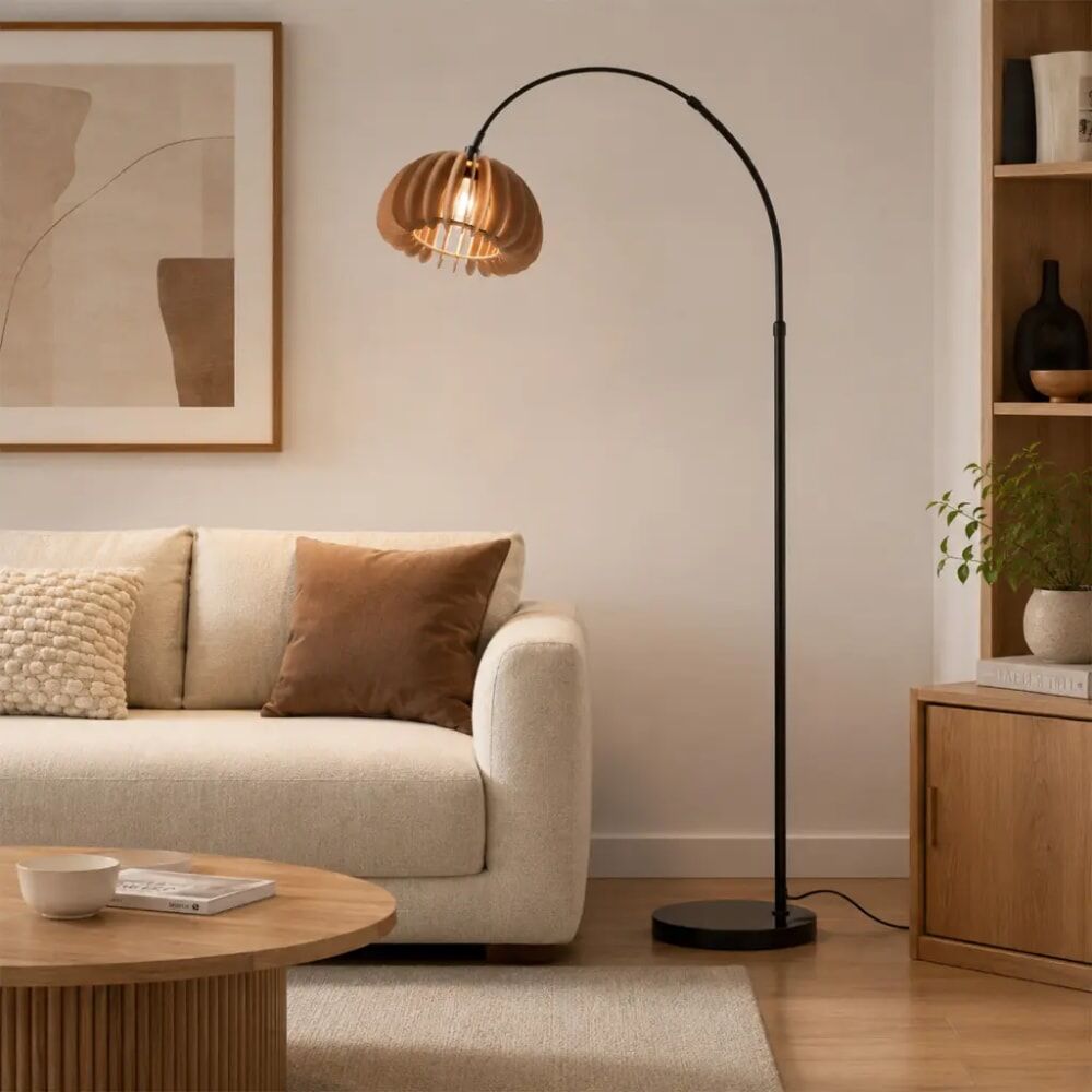 Alpinaluz Lampe sur pied arquée, abat-jour en bois, base en marbre, ø30 cm Noir 40x186x110cm