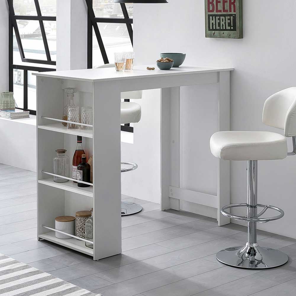 Pharao24.de Küchen Bartisch weiß modern 120 cm breit mit Seitenregal
