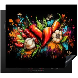 HERDABDECKPLATTE Gemüse - Paprika - Knoblauch - Graffiti - Farbe - Bunt Glaskeramikkochfeldabdeckung 59x52 cm