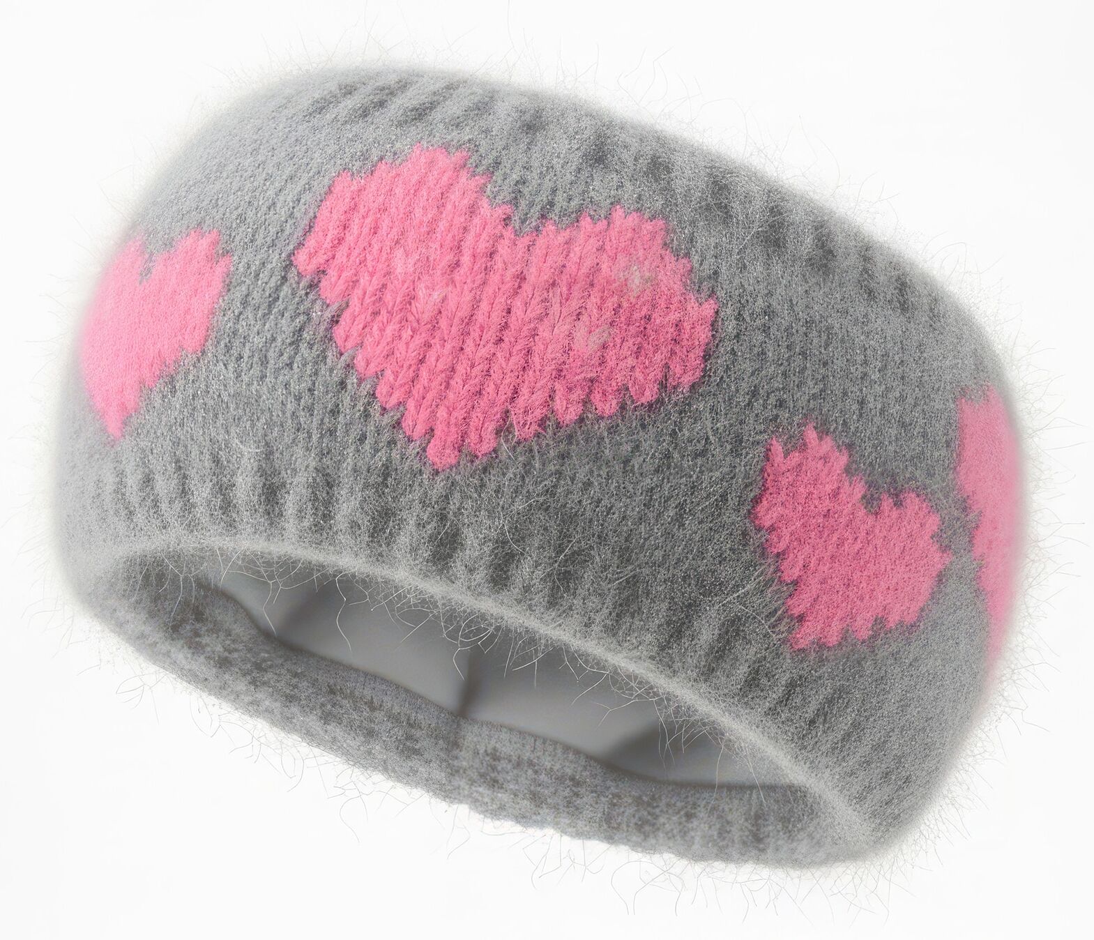 Stirnband STYLEBREAKER "Strick Stirnband mit Herz Muster", Damen, grau (grau, pink), Modisch, Mützen Stirnband