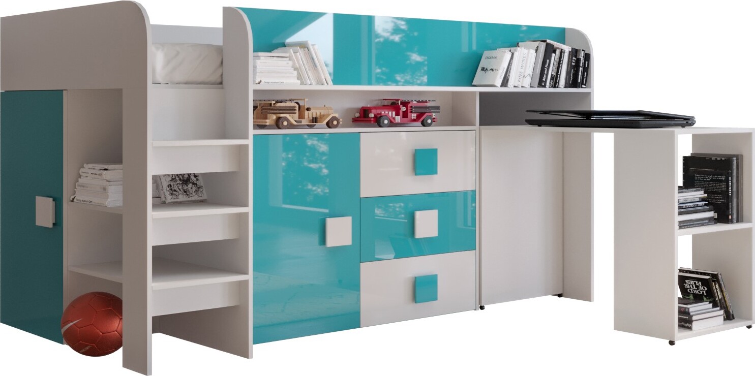 Etagenbett für Kinder Toledo 1 Stockbett mit Treppe und Bettkasten (Weiß + Türkis Glanz)