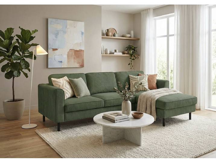 Ecksofa HOME AFFAIRE Booster II, whlw. mit Schlaffunktion & Bettkasten, Fuss schwarz , grün (mayfly), B:232cm H:83cm T:161cm, 88% Polyester, 12% Nylon, Sofas, Ecksofa, Recamiere beidseitig montierbar,L-Form, in Cord & Struktur LEO o. LINO
