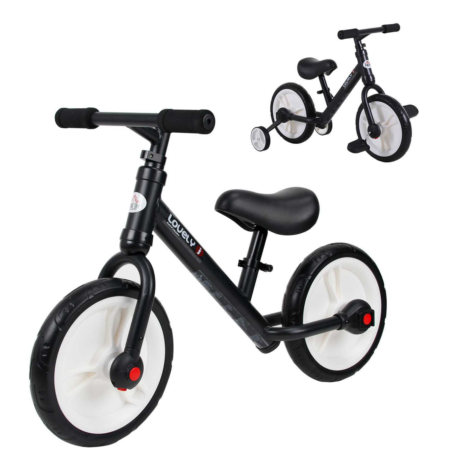 HOMCOM loopfiets met zijwielen en pedalen voor kinderen van 2 tot 5 jaar, zwart