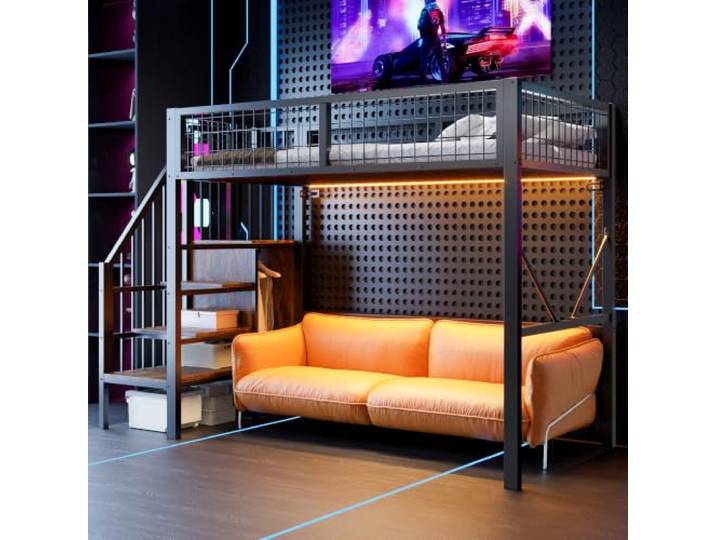 Merax Metall-Hochbett 90x200 cm mit Leiter, Stauraum, LED-Beleuchtung und Drahtgitter-Schutzgitter – platzsparend mit 144 cm Bodenfreiheit, Schwarz (Ohne Matratze)