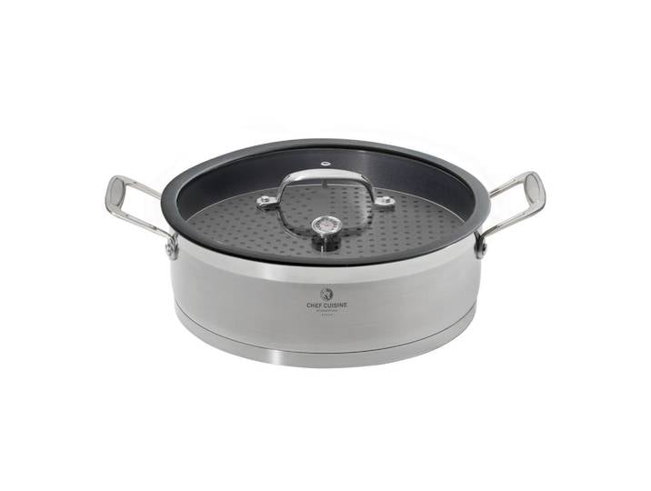 Chef Cuisine Servierpfanne, Anthrazit, Edelstahl, Metall, Kunststoff, rund, 16 cm, mit Dampfablass, Silikonring, backofengeeignet,hitzebeständige Griffe, backofengeeignet, rostfrei, breiter Schüttrand, Dämpfeinsatz, besonders hoher Rand, antihaftbeschichtet, geschmacksneutral, Thermometer, Deckel hitzebeständig, Dreischicht-Material durchgängigem Aluminiumkern, Kochen, Pfannen, Servierpfannen
