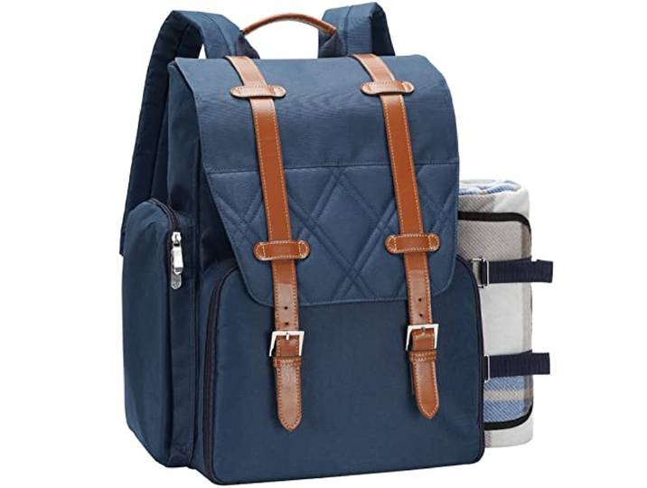 Picknick-Rucksack für 4 Personen mit großer isolierter Kühltasche, Picknickkorb-Set mit Weinbeutel, wasserdichte Picknickdecke und Besteck-Set. Perfekt für Camping, Hochzeitsgeschenk für Paare, Blau