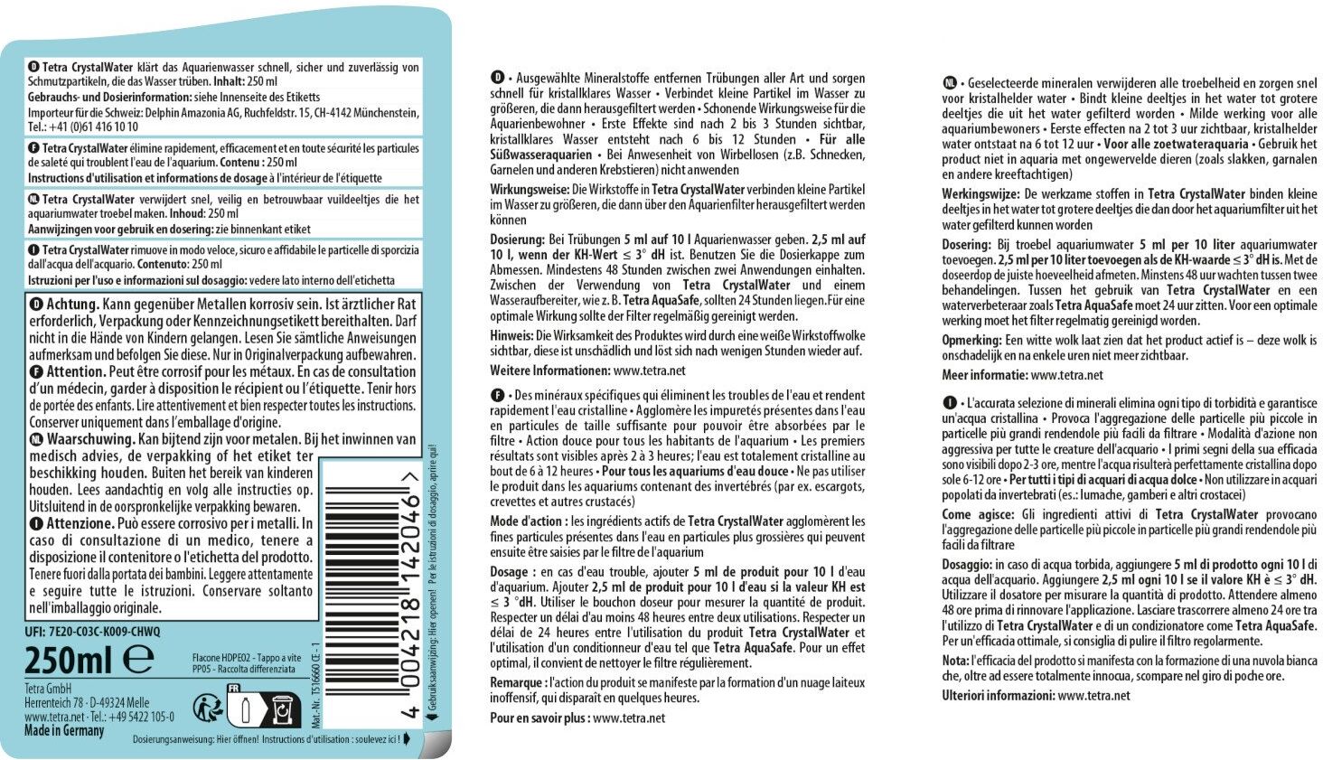 250 ml Tetra CrystalWater Chiarificante Elimina Acqua Torbida per Acquario