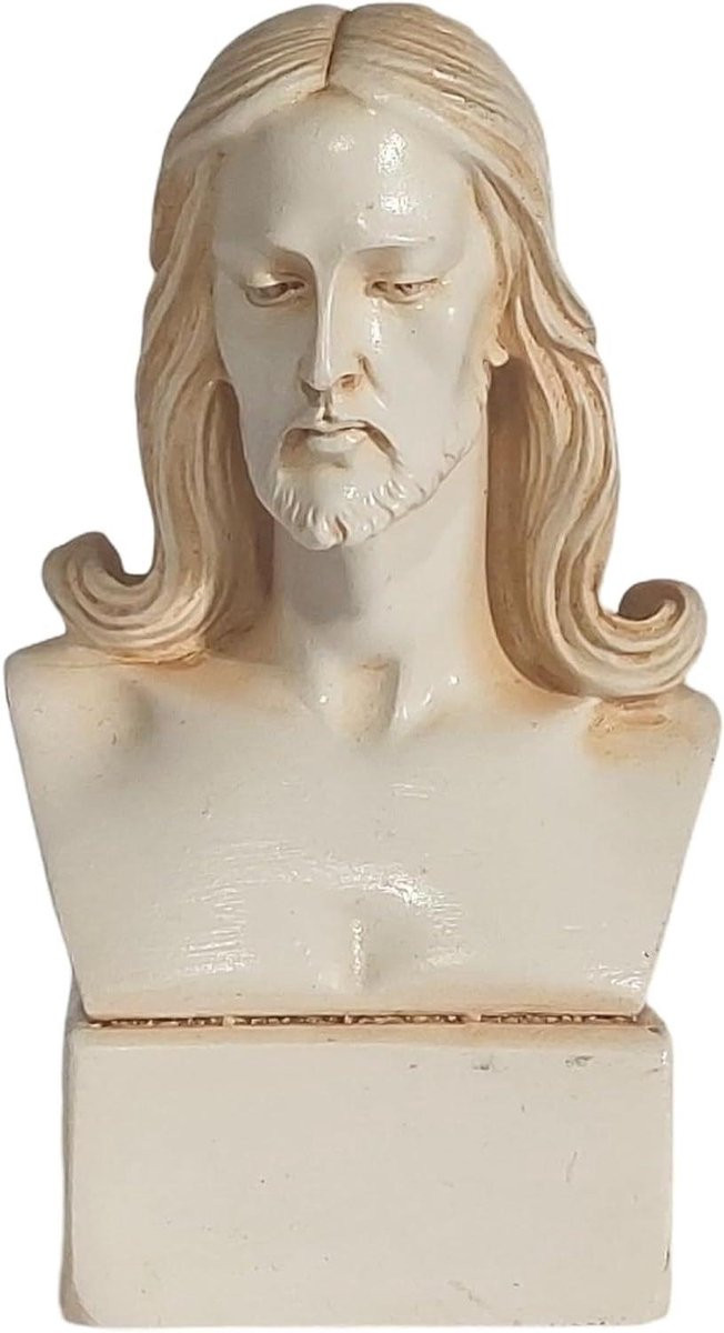 Handgemaakt Albast Jezus Buste Religieus Beeldje met Oude Patina, Hoogte: 12,5 cm