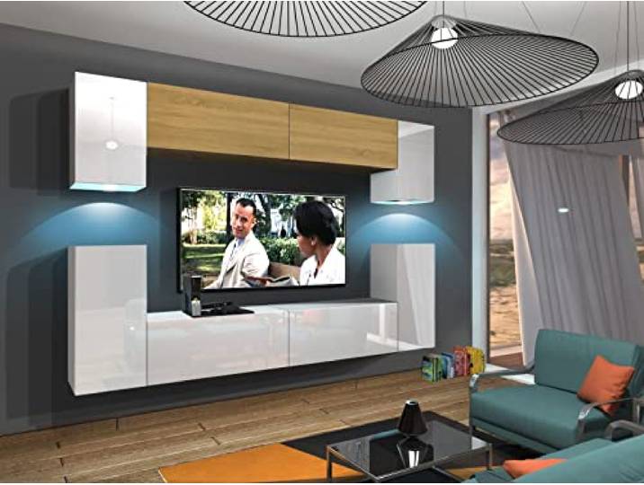 Furnitech Wohnwand Wohnzimmer Wohnzimmer Möbel mit LED Weiß Hängend Wohnwand Modern Wohnzimmer Schrankwand mit Regale und TV Schrank (Rodos AN43-17WD-HGM51 1A)