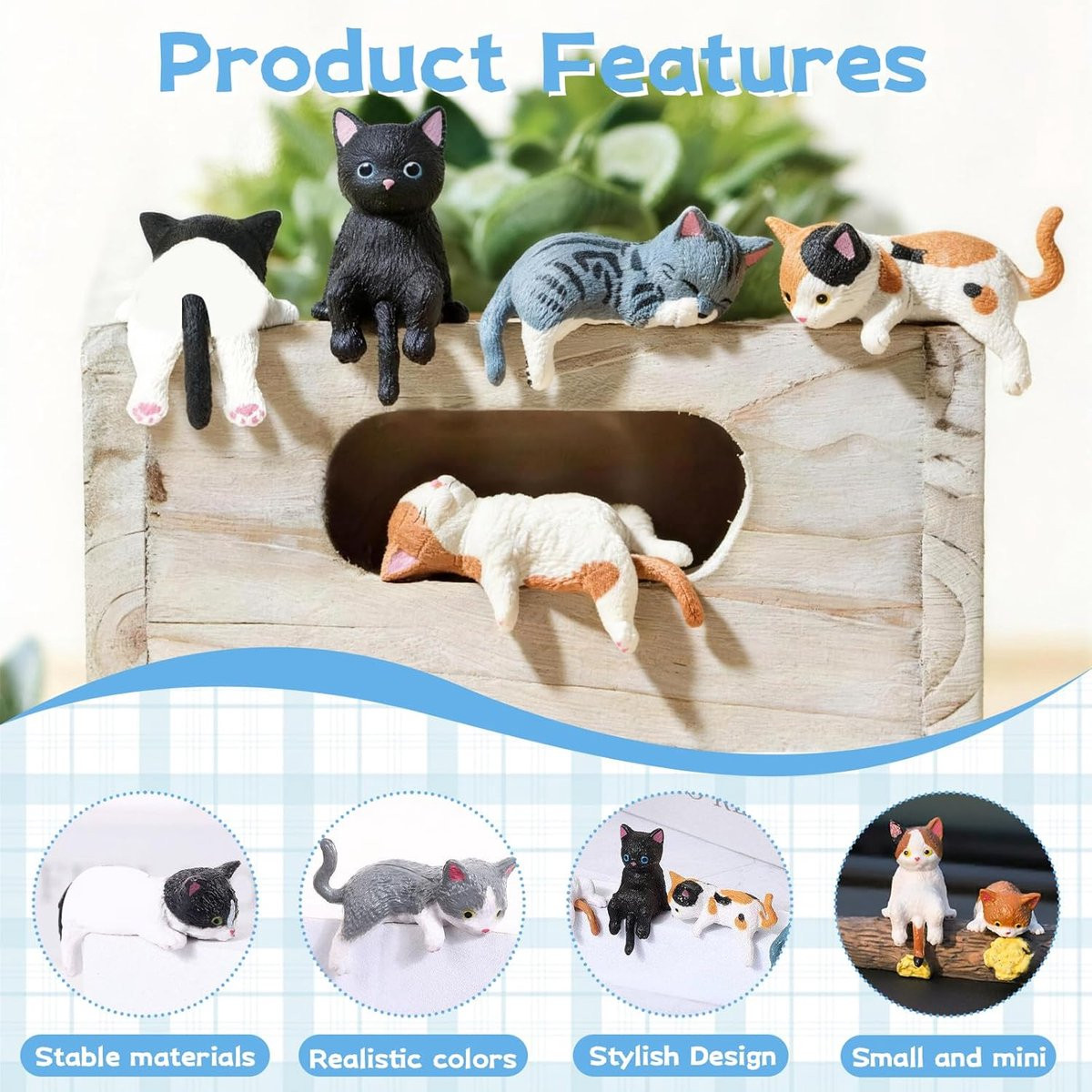 Set van 12 schattige kattenfiguren van hars voor tuin en auto-interieur