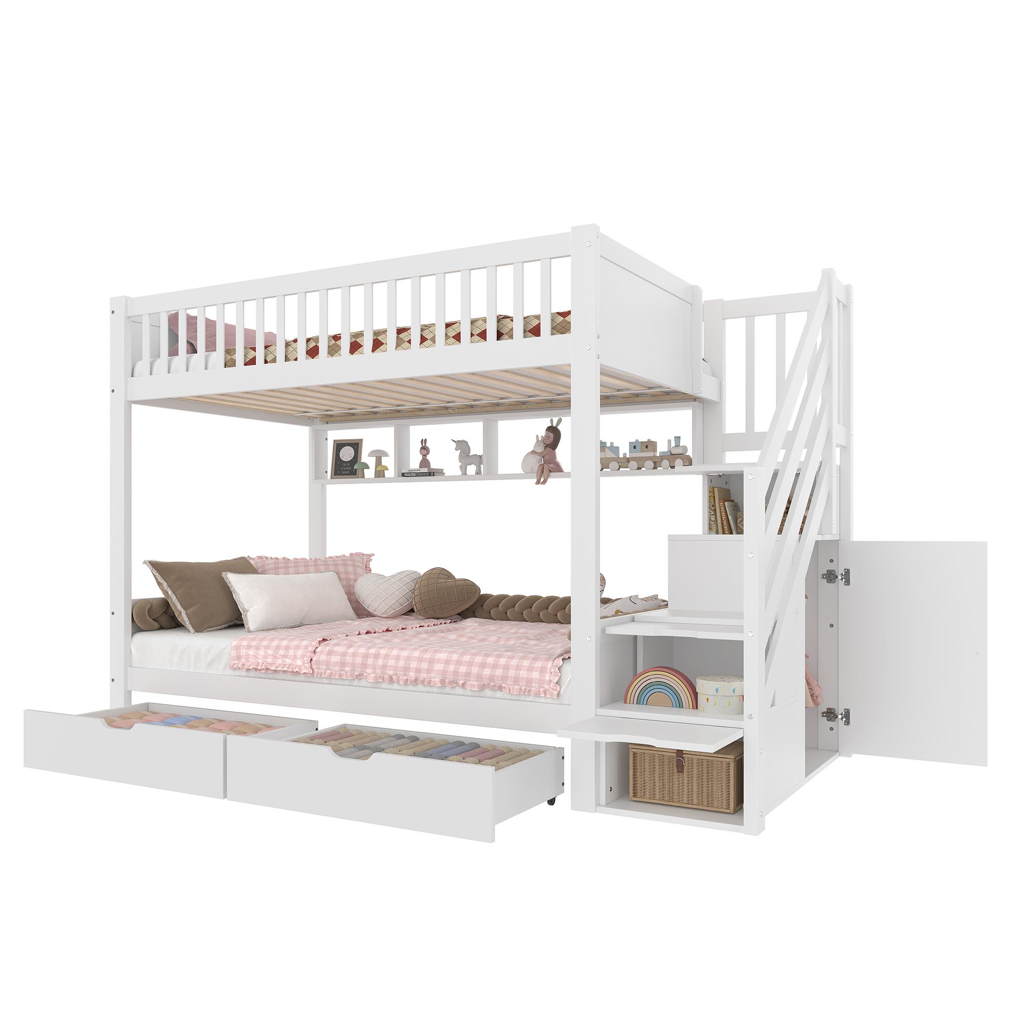 Etagenbett mit Schubladen und Stauraum (90x200cm), Kinderbett mit Regal, Kleiderschrank und Rausfallschutz