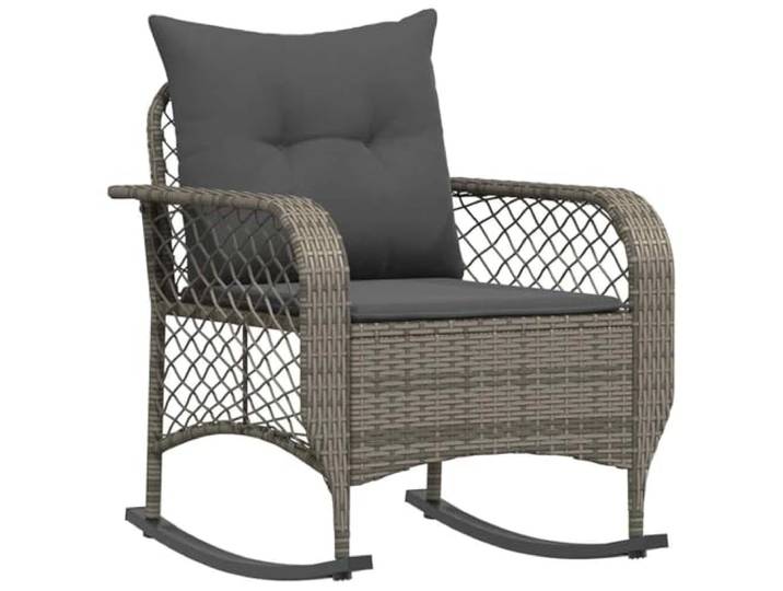 KUTYWEXFM Garten-Schaukelstuhl mit Kissen Grau Poly Rattan Balkonstuhl Ergonomischer Rattan-Relaxstuhl für Terrassen und Veranden, inklusive weich gepolsterter Dunkelgrauer Kissen Garnitur.