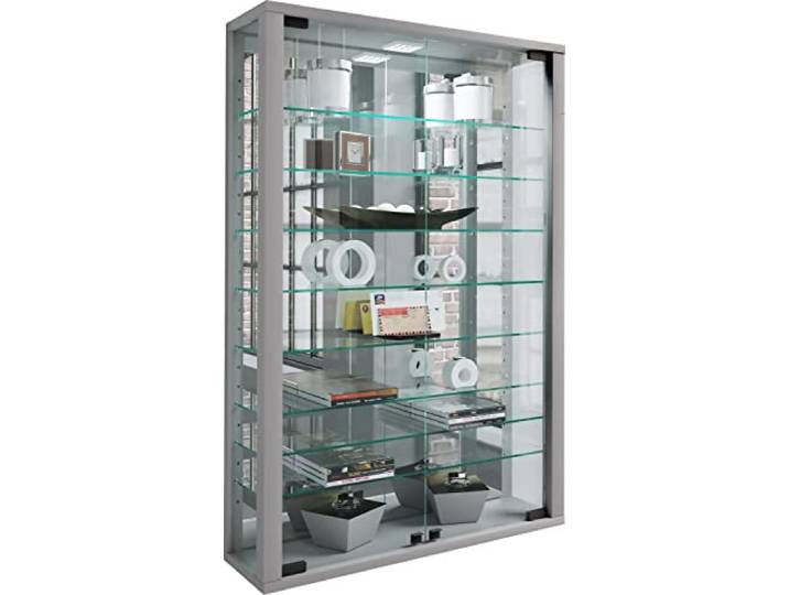 VCM Wandvitrine Silber 59x18x91 cm 2 Türen 9 Fächer Holzwerkstoff Glas Büro Präsentation und Aufbewahrung von Sammlerstücken - Wohnzimmer oder Büro - für Sammler und Liebhaber - Holzwerkstoff, Glas