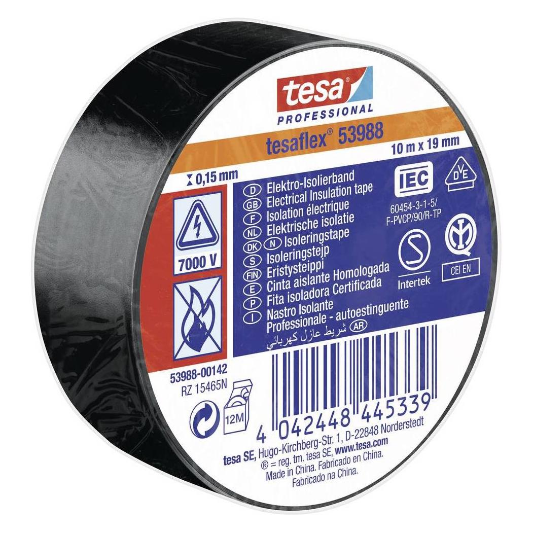 tesa flex 53988 - PVC-Isolierband zum Isolieren und Kennzeichnen von Kabeln, 10m x 19mm (19 mm) (53988-00142-00)