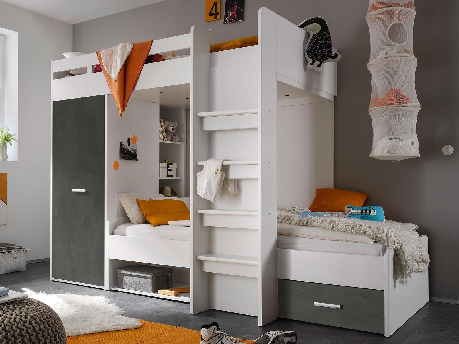 Etagenbett Kinderbett Hochbett Stockbett Funktionsbett Jugendbett Bett "Mimi I" Weiß / Betonoxid