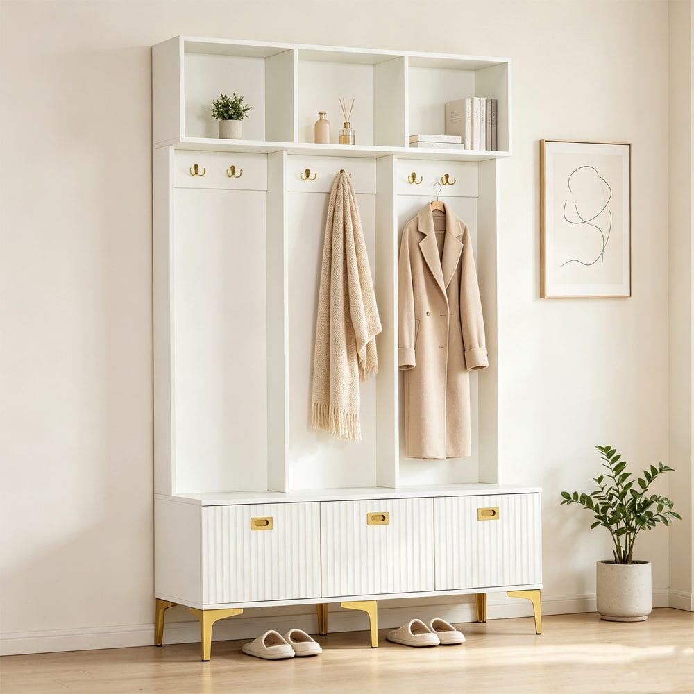 Meubles Cosy Ensemble entrée avec banc rangement, 6 crochets et pieds dorés,blanc Blanc 120x191x40cm