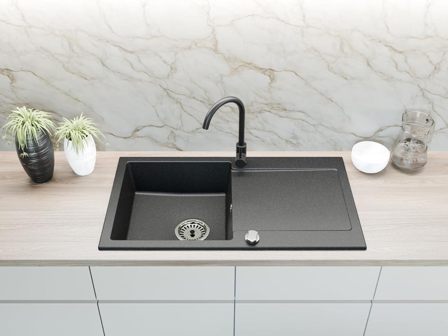Faizee Home | Granit Einbauspüle 90x50 cm - Spülbecken mit Abtropffläche | Küchenspüle inklusive Armatur und Siphon-Set | Kratzfest und hitzebeständig für 45 cm Unterschränke (Schwarz mit Sprenkeln)