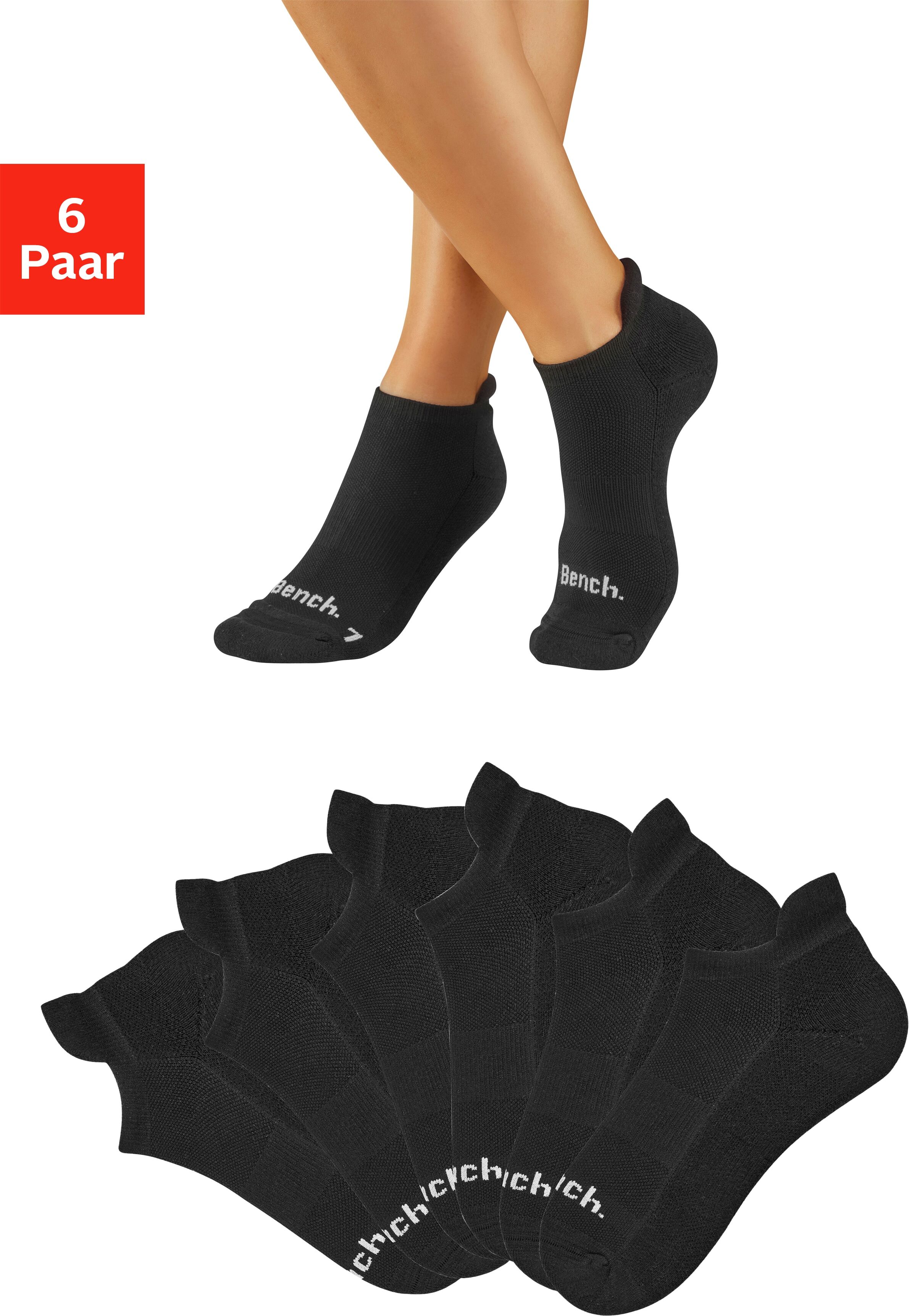 Sneakersocken BENCH. "Sportsocken Antiblasensocken für Damen Herren", Damen, Gr. 35-38, schwarz (6x schwarz), Baumwollmischung, unifarben, elastisch, Socken Sneakersocken, doppellagig, beugt Blasen vor