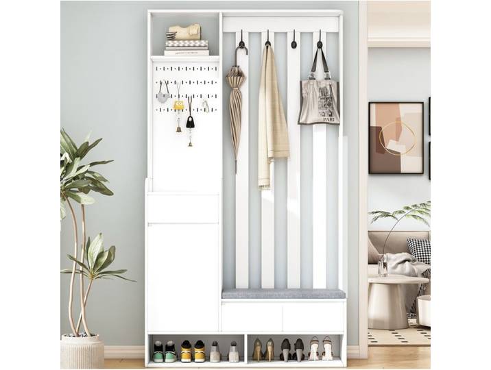 Meuble D Entree MDF Blanc Vestiaire Avec Banc FloraGrace Pour Entree Et Couloir Avec Panneau Perfore 100x35x180cm