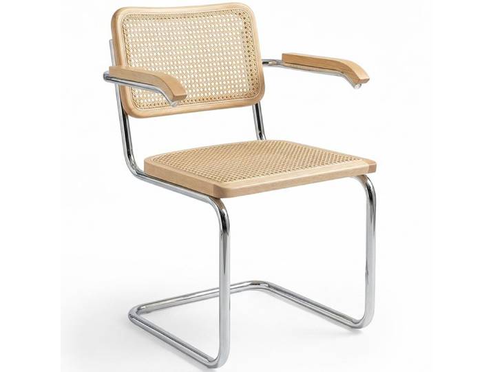 Chaise à manger avec accoudoirs - Design vintage - Bois et rotin - Lia Naturel