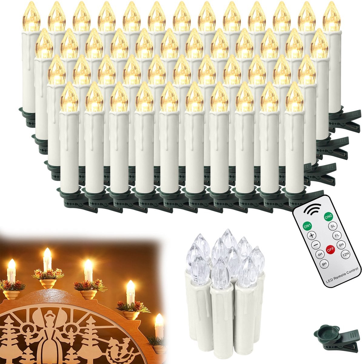 LZQ Set van 50 LED Kerstkaarsen, Draadloos, Warmwit, met Timer, Afstandsbediening en Clips, Dimmbaar voor Kerstboom en Feestdecoratie
