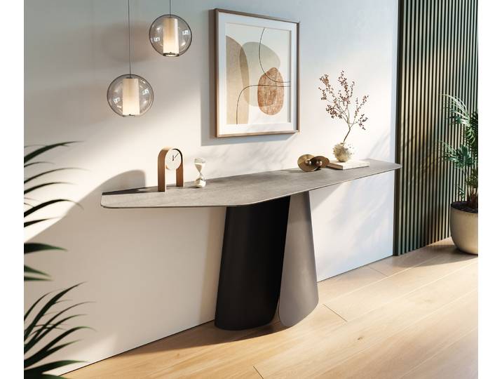 DELIFE Konsolentisch Edge Polygonal 180x50 cm Keramik Beton Grau Livos Metall Schwarz, Konsolentische