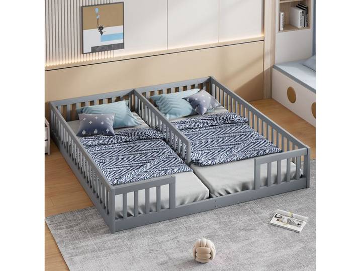 Lit enfant 90 × 200 cm gris avec barrières de sécurité 204 × 187 × 40 cm
