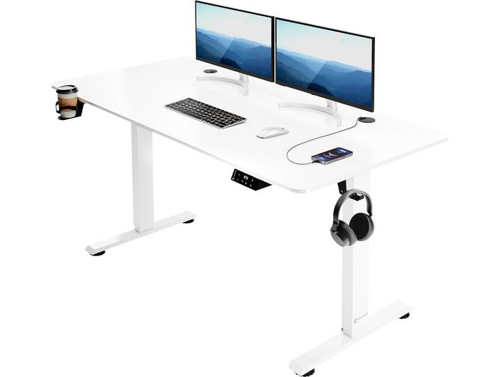 Casaria Bureau réglable en hauteur électrique Blanc 140cm bureau assis debout écran LCD support accessoires télétravail