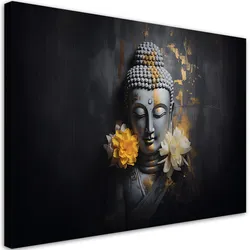 WANDBILD grauer buddha und blumen