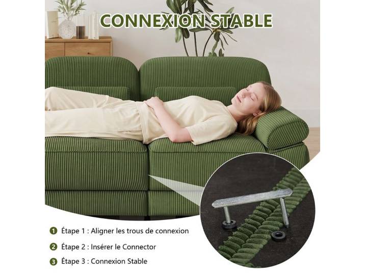 COVREO Canapé modulable 2 places avec 2 poufs en velours côtelé vert