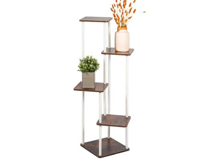 eluno Pflanzenständer, Blumenregal, dekorativer Blumenständer mit 5 Ablagen, multifunktionale Blumentreppe, Moderne Materialkombination von FSC-zertifiziertem MDF-Holz und weißem Metall