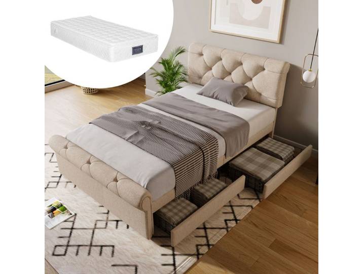 Lit simple 90x200 cm - Lit simple capitonné avec Rangement et 2 Tiroirs Intégrés Matelas Inclus Gris