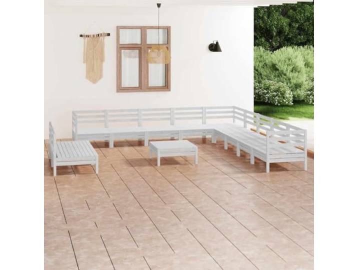 WDGJJFECNMUEHI Bois de pin massif Rustique modulable 12 Pieces Blanc Salon de jardin 12 pieces Bois de pin massif Blanc Ensemble modulaire canapes exterieur avec repose-pieds pour terrasse,